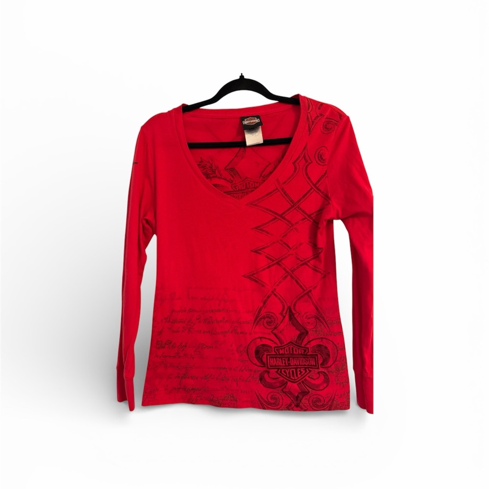 Harley-Davidson Red Long Sleeve Tee with Y2K Inspired Black Graphics Sz M
